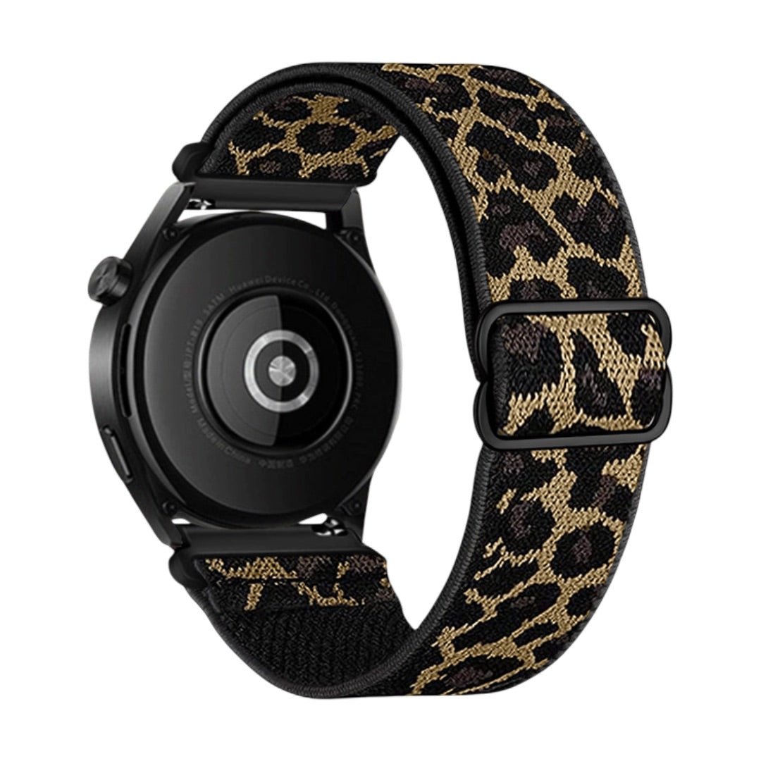 Bracelet Garmin en nylon tissé motif léopard beige et noir avec boucle coulissante noire, modèle Zorus, pour montre.