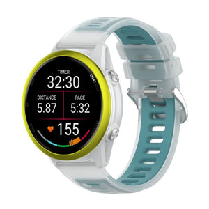 Bracelet silicone bleu clair ajouré avec boucle métallique pour montre Garmin Forerunner.
