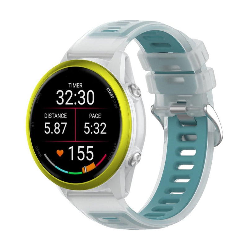 Bracelet silicone bleu clair ajouré avec boucle métallique pour montre Garmin Forerunner.