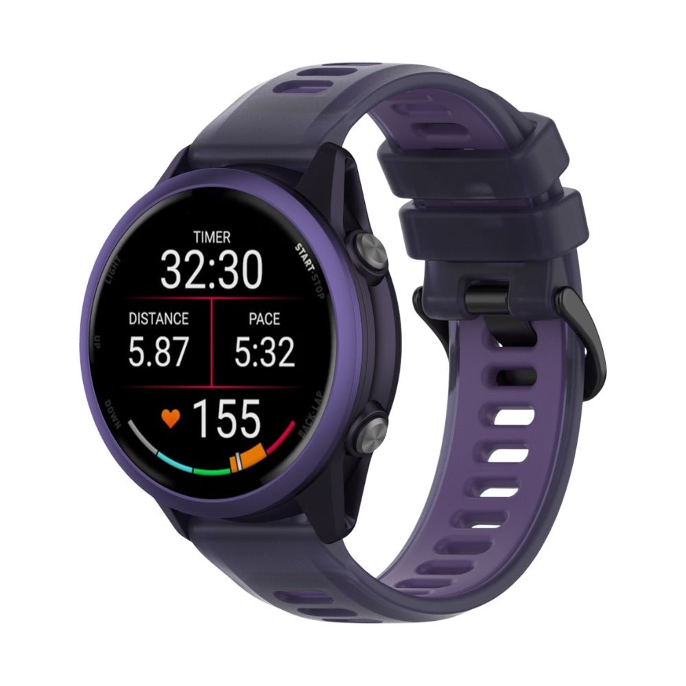 Bracelet de montre Garmin Gus violet en silicone avec design aéré, fermeture rapide et boucle noire.