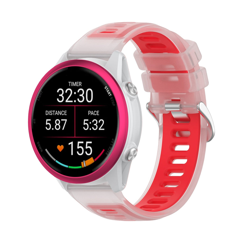 Bracelet montre silicone transparent rose avec doublure intérieure rouge et fermoir acier inoxydable, design sport léger.