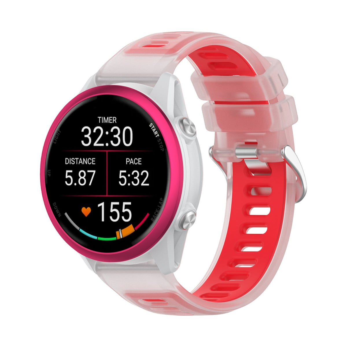 Bracelet montre silicone transparent rose avec doublure intérieure rouge et fermoir acier inoxydable, design sport léger.