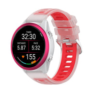 Bracelet montre silicone transparent rose avec doublure intérieure rouge et fermoir acier inoxydable, design sport léger.