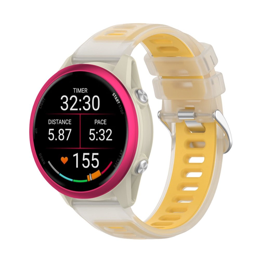 Bracelet de montre Garmin en silicone jaune clair à système de libération rapide avec boucle métallique argentée, design.