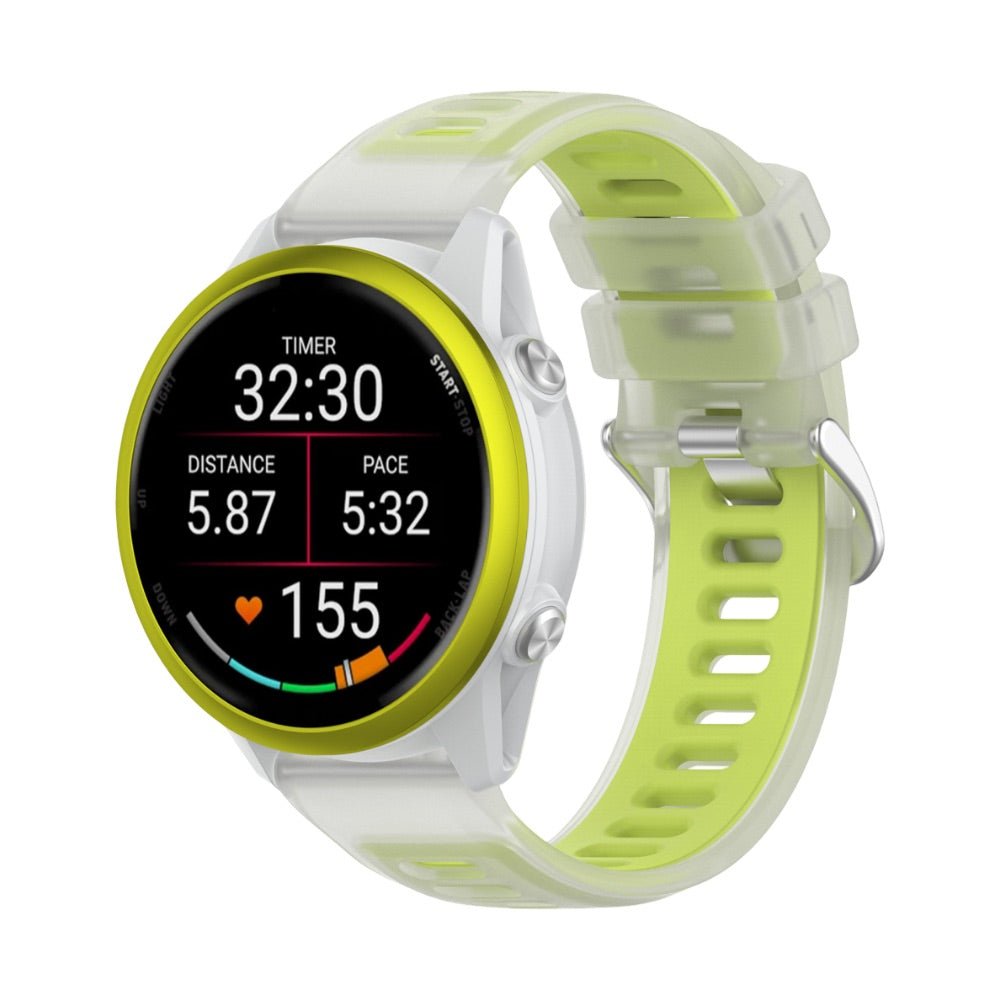 Bracelet de montre silicone vert clair et blanc avec design perforé et boucle métallique argentée.