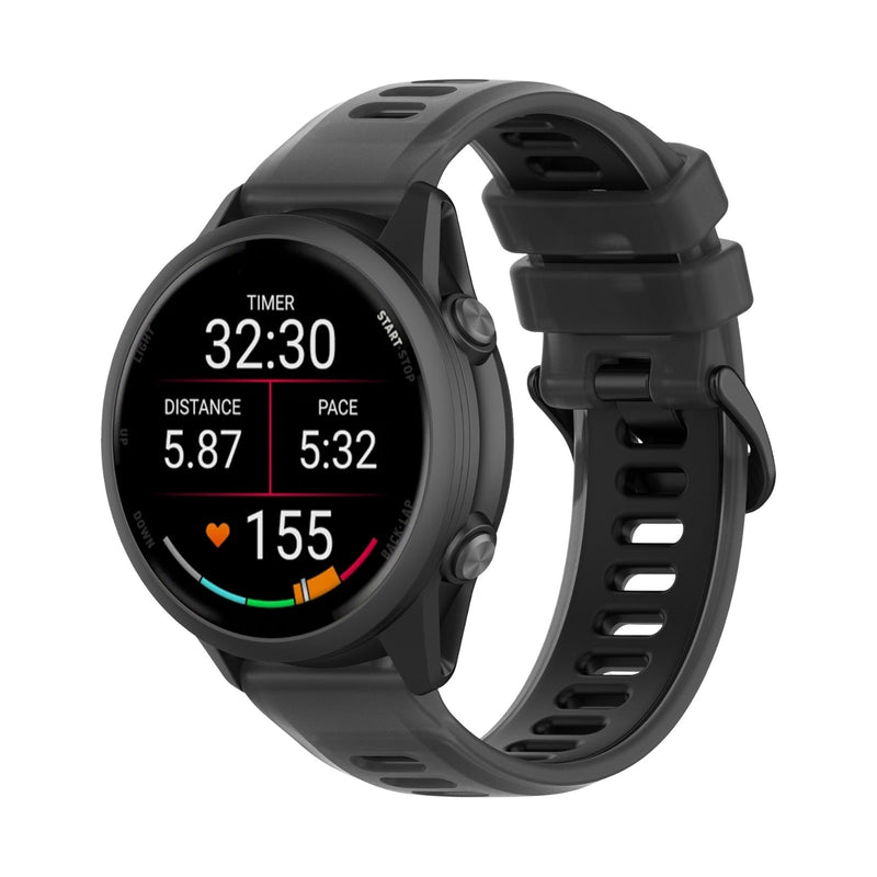 Bracelet de montre Garmin silicone noir, design aéré avec trous pour ventilation, système de fixation rapide.