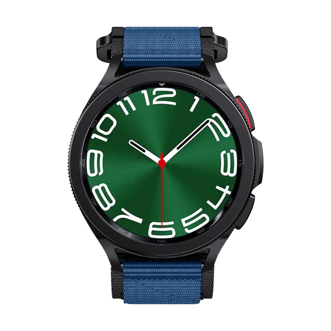 Bracelet nylon bleu ultra solide pour montre Garmin, système de fixation rapide, style sport et outdoor, réglable.