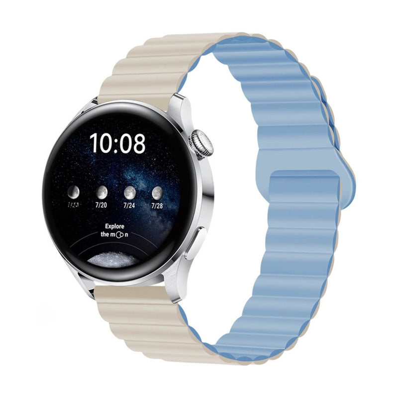 Bracelet silicone bicolore beige et bleu clair, fixation rapide magnétique 20-22mm pour montre connectée Garmin.