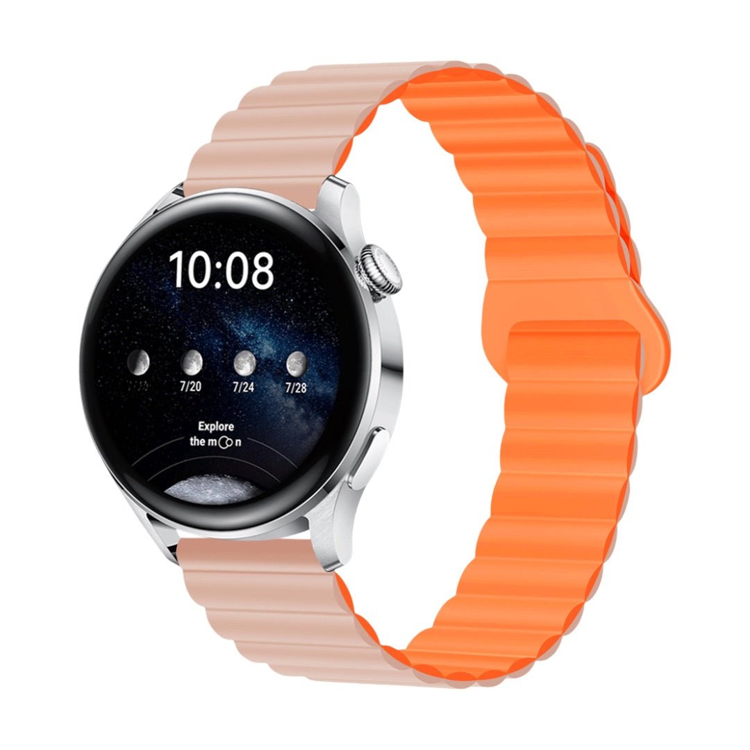 Bracelet silicone bicolore beige et orange, design moderne à libération rapide, 20-22mm, ajustable pour montre connectée.