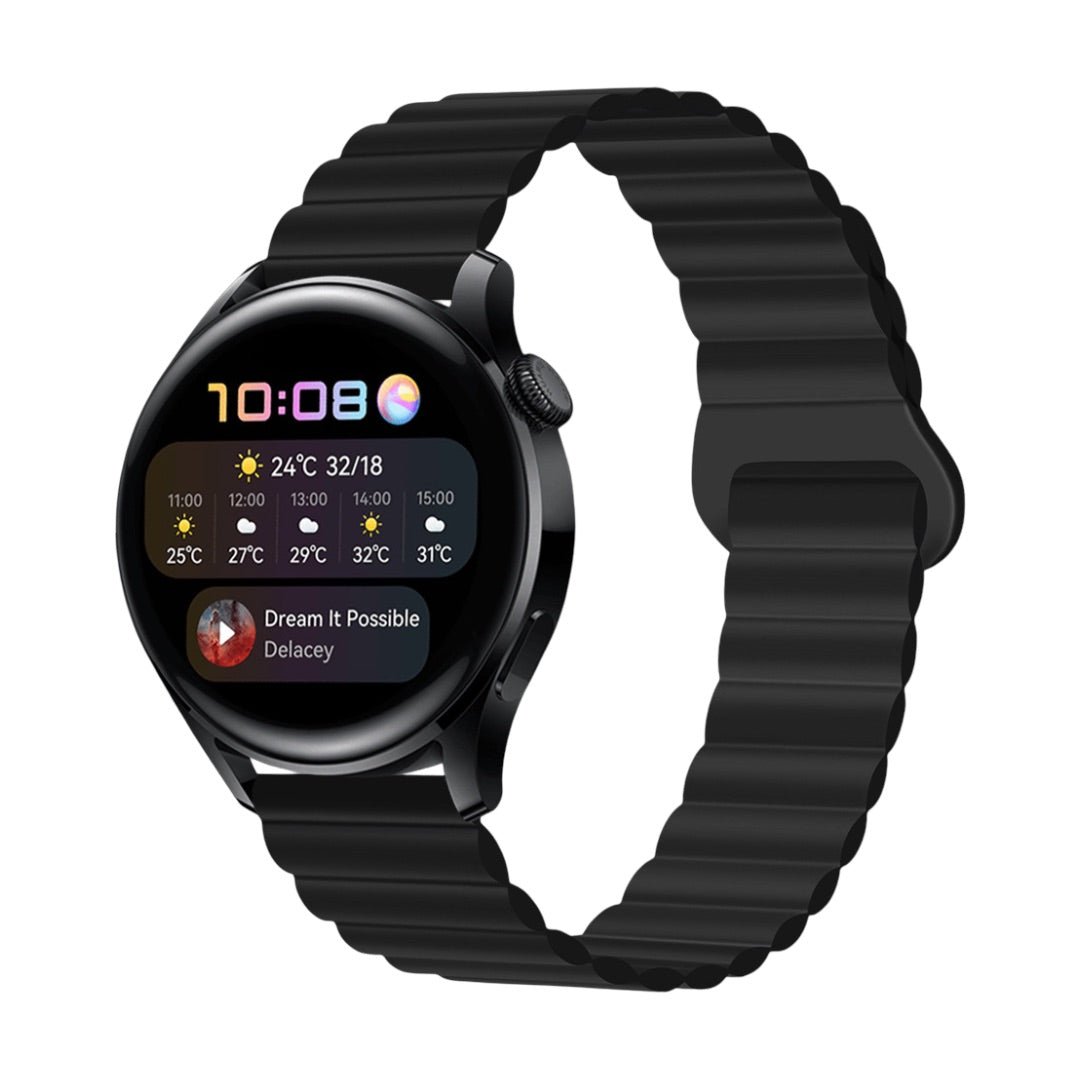 Bracelet montre Garmin en silicone noir à libération rapide avec boucle magnétique, rainures ondulées, style moderne.