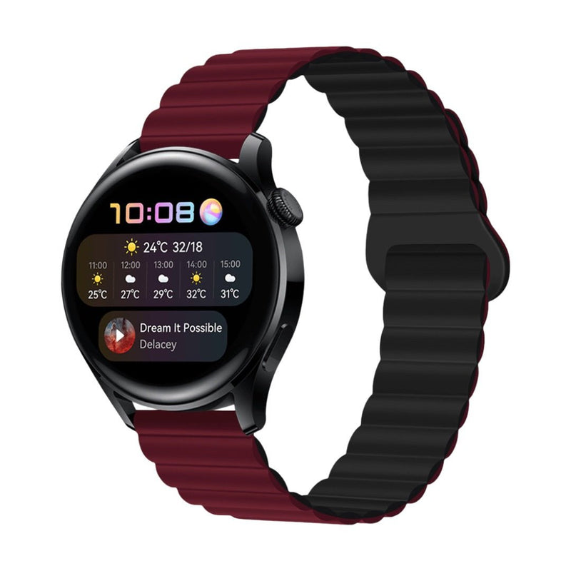 Bracelet de montre Garmin en silicone bicolore rouge bordeaux et noir, design moderne, système à libération rapide.