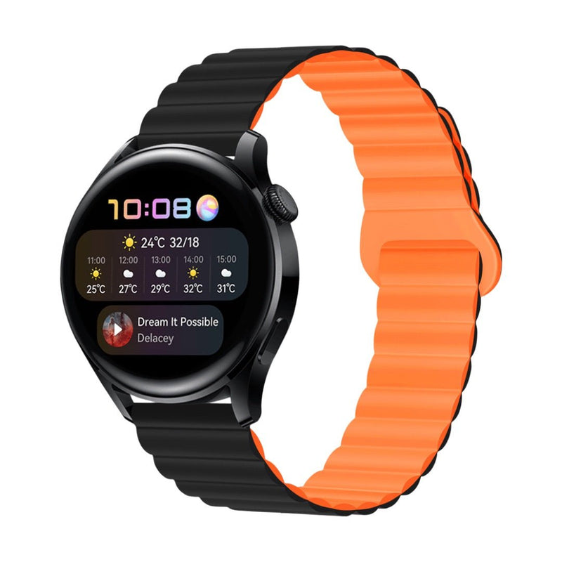 Bracelet silicone magnétique bicolore noir et orange, 20mm/22mm, design moderne et ajustable pour montre connectée Garmin.