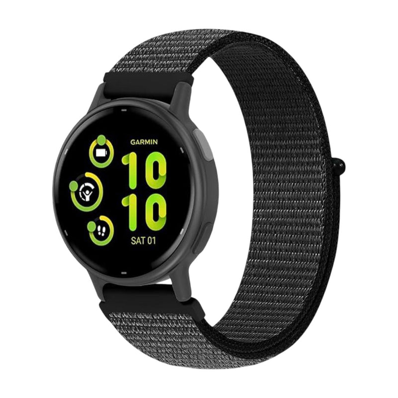 Bracelet noir en nylon tressé avec boucle scratch pour montre Garmin, style sport léger et confortable.