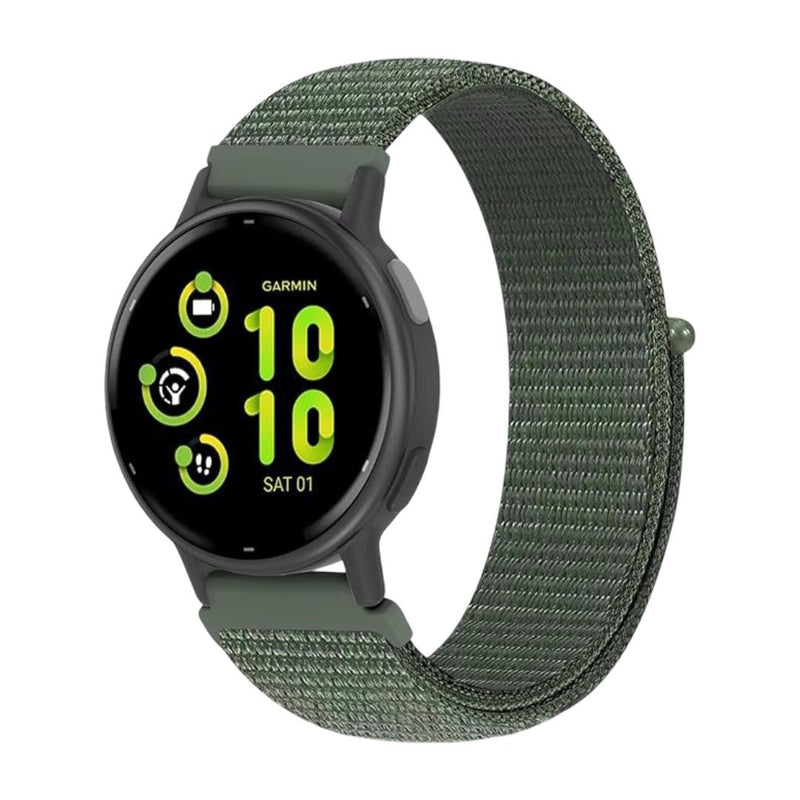 Bracelet nylon vert kaki avec boucle scratch noire, compatible montre Garmin, style sport léger et confortable.