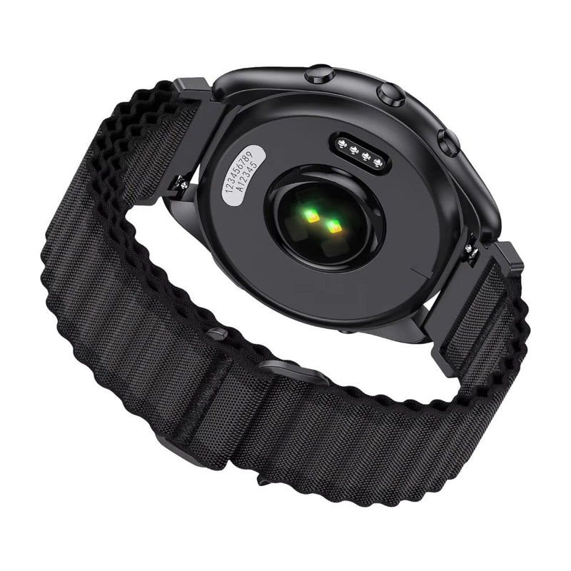 Bracelet de montre Garmin en nylon ondulé noir, système de fixation rapide, style sport robuste et confortable.