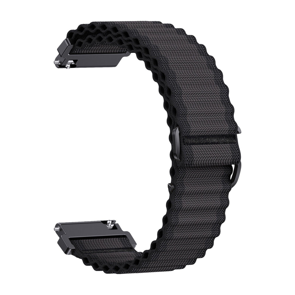 Bracelet montre sport en nylon ondulé noir, boucle ardillon métallique, fixation rapide 20-22 mm, style outdoor.