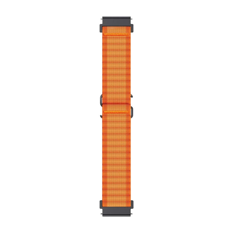 Bracelet montre Garmin en nylon ondulé orange vif, boucle noire, style sport outdoor, 20-22mm.