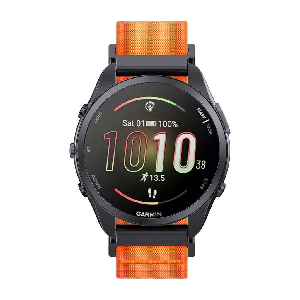 Bracelet nylon ondulé orange vif à boucle noire, compatible montre Garmin 20mm ou 22mm, style sport outdoor.