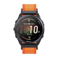Bracelet nylon ondulé orange vif à boucle noire, compatible montre Garmin 20mm ou 22mm, style sport outdoor.