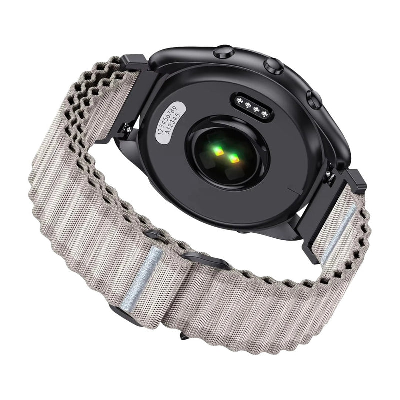 Bracelet Garmin en nylon ondulé gris clair, système de fixation rapide, style outdoor, compatible 20-22 mm.