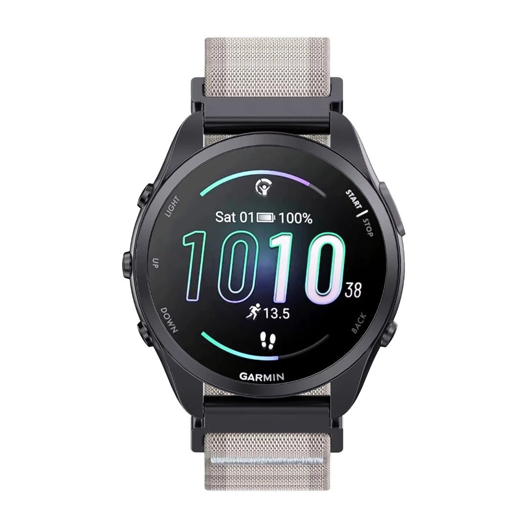Bracelet en nylon ondulé gris clair pour montre Garmin 20mm ou 22mm avec boucle noire rapide.