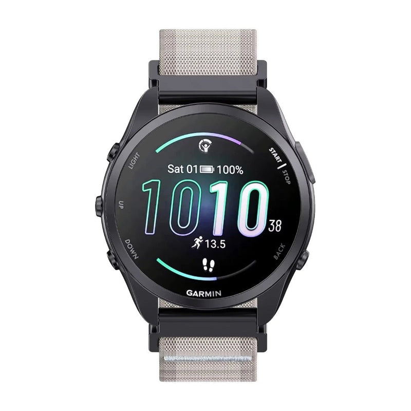 Bracelet en nylon ondulé gris clair pour montre Garmin 20mm ou 22mm avec boucle noire rapide.