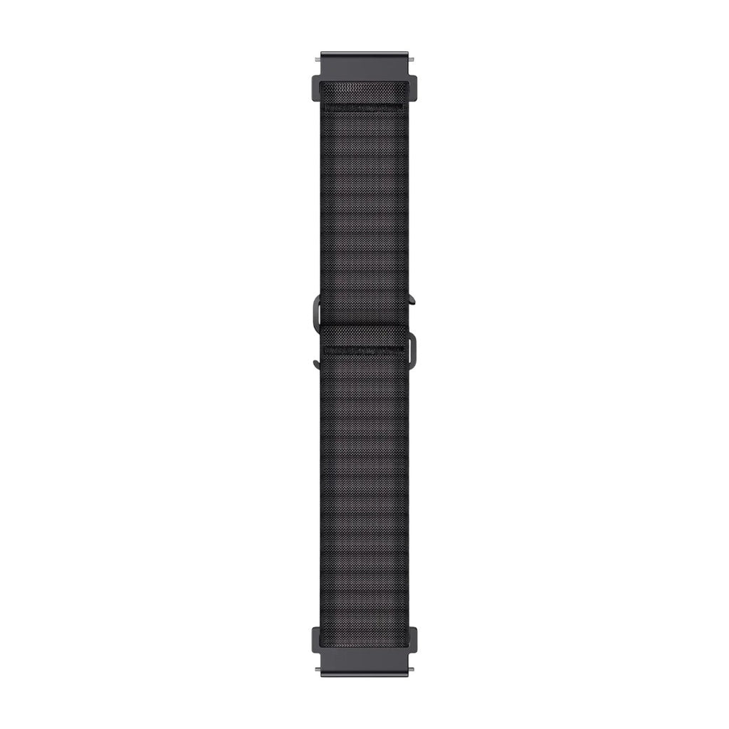 Bracelet montre Garmin en nylon ondulé noir avec système de libération rapide, style sport et outdoor, largeur adaptable.
