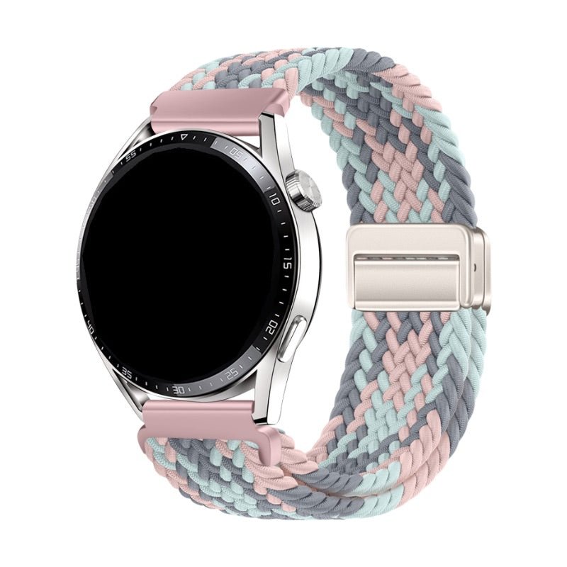 Bracelet montre Garmin tressé nylon multicolore rose, gris et bleu pastel avec fermoir magnétique argenté.