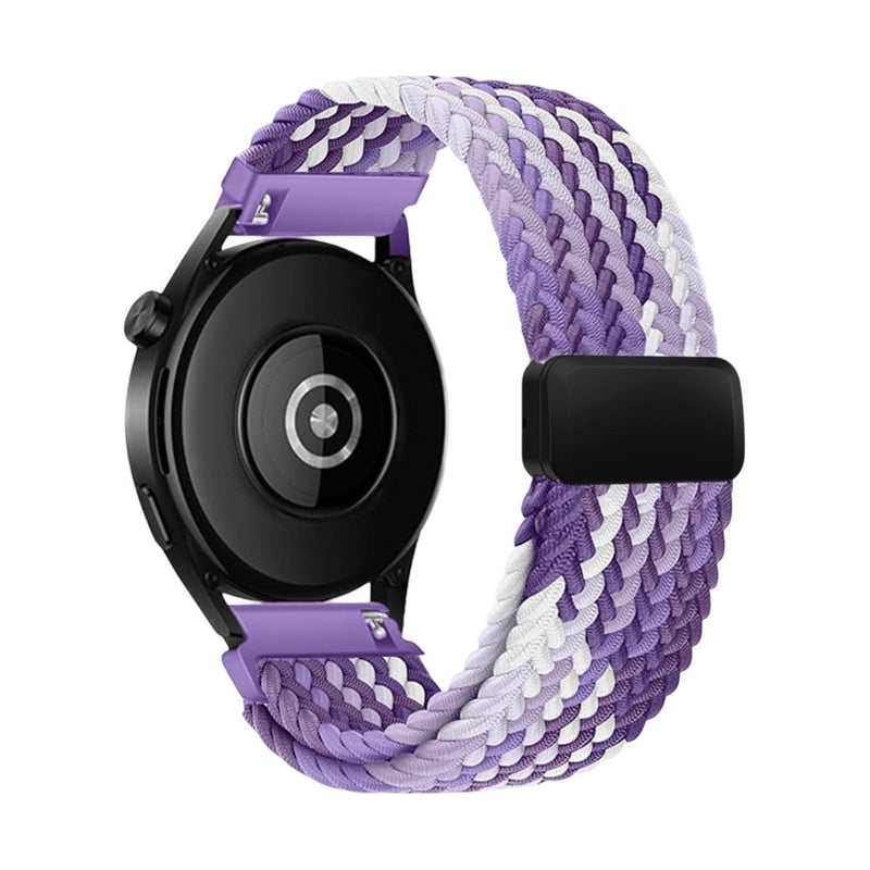 Bracelet montre Garmin tressé nylon dégradé violet blanc avec fermoir magnétique noir.