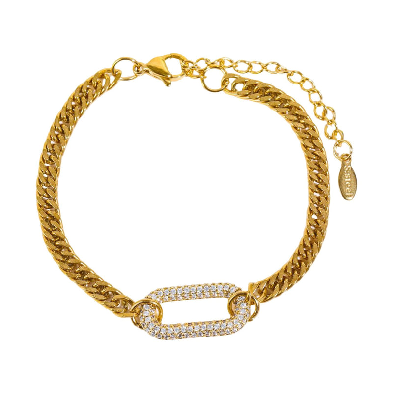 Vergoldetes Panzerarmband, Cuban-Glieder aus Edelstahl, zentrales Glied mit Zirkonia besetzt, verstellbar, Modell Cindelle