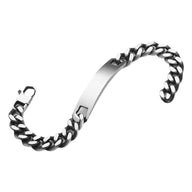 Bracelet gourmette en acier inoxydable anthracite avec plaque lisse personnalisable, maille épaisse et fermoir robuste.