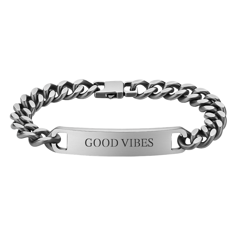 Bracelet gourmette en acier inoxydable anthracite avec plaque gravée "GOOD VIBES", modèle mixte Quinn.