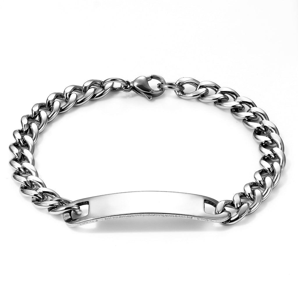 Bracelet gourmette en acier inoxydable argenté avec maille cubaine et plaque personnalisable, modèle Eden.