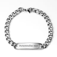 Bracelet gourmette en acier inoxydable argenté avec maille cubaine et plaque gravée "Personnalise moi".