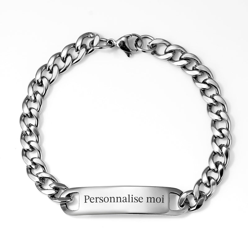 Bracelet gourmette en acier inoxydable argenté avec maille cubaine et plaque gravée "Personnalise moi".