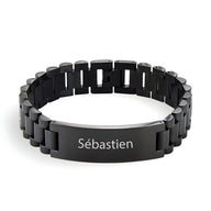Bracelet gourmette homme en acier inoxydable noir à maille épaisse avec gravure personnalisée Sébastien.