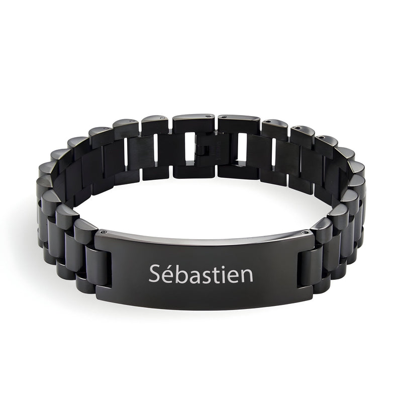 Bracelet gourmette homme en acier inoxydable noir à maille épaisse avec gravure personnalisée Sébastien.