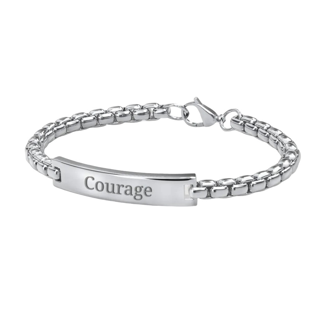 Bracelet gourmette en titane avec maille vénitienne argentée et plaque gravée « Courage ».