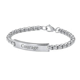 Bracelet gourmette en titane avec maille vénitienne argentée et plaque gravée « Courage ».