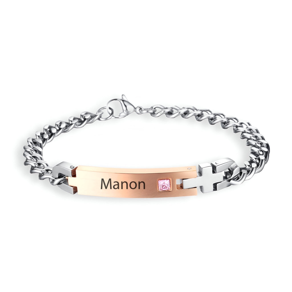 Bracelet gourmette acier inoxydable argent avec plaque rose gravée Manon et zirconium rose.