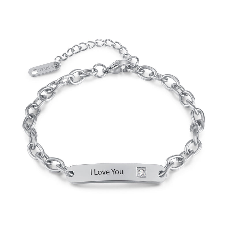 Bracelet gourmette argent en acier inoxydable avec plaque gravée "I Love You" et pierre zirconium, modèle Zoa.