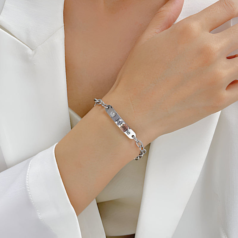 Bracelet gourmette personnalisée, en acier inoxydable, avec pierre de zirconium, pour femme, modèle Zoa