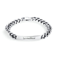Bracelet gourmette argent en acier inoxydable avec maille cubaine et plaque gravée "Le meilleur".
