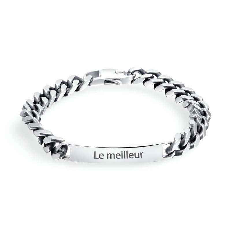 Bracelet gourmette argent en acier inoxydable avec maille cubaine et plaque gravée "Le meilleur".