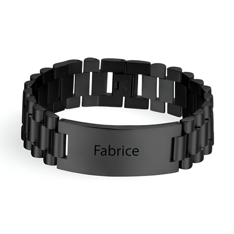 Bracelet gourmette personnalisé en acier inoxydable noir à maille épaisse avec gravure "Fabrice".
