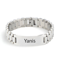 Bracelet gourmette en acier inoxydable argenté avec maille épaisse et plaque gravée "Yanis".