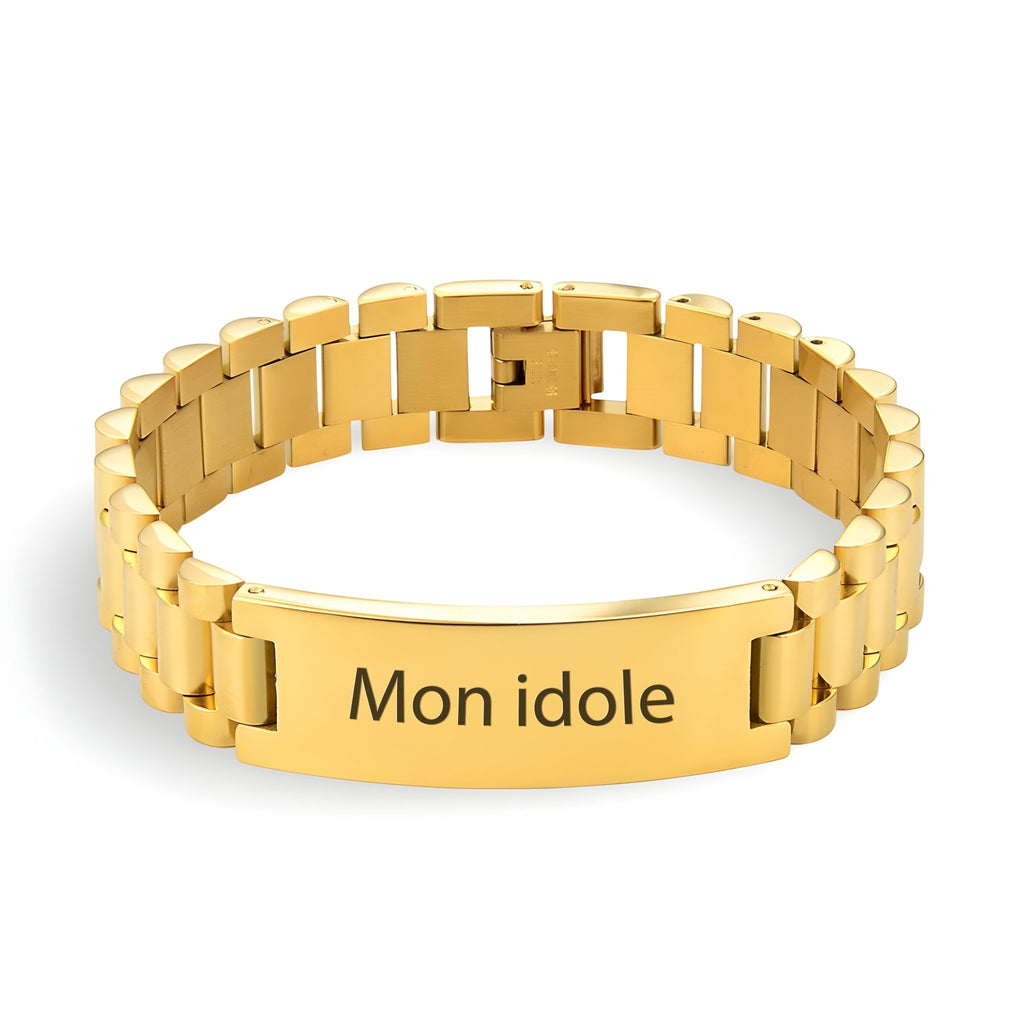 Bracelet gourmette épaisse en acier inoxydable doré avec inscription personnalisée "Mon idole".