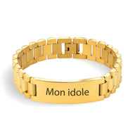 Bracelet gourmette épaisse en acier inoxydable doré avec inscription personnalisée "Mon idole".