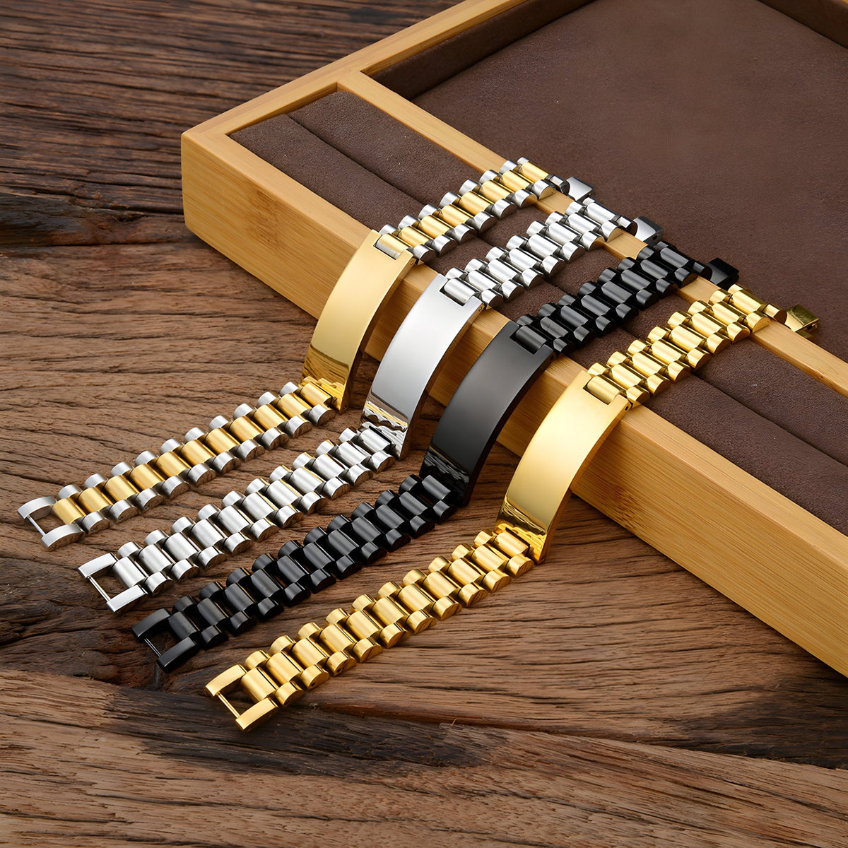 Bracelets gourmettes pour homme en acier inoxydable, mailles épaisses, finitions or, argent et noir, design moderne.