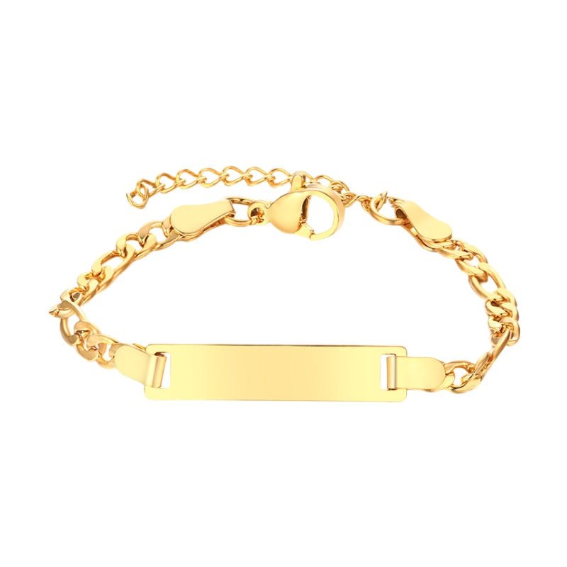 Bracelet gourmette en acier inoxydable or, maille Figaro, plaque lisse personnalisable, fermoir mousqueton.